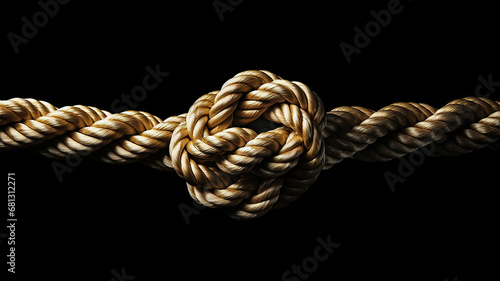 the gordian knot of rough rope is isolated on a black background photo