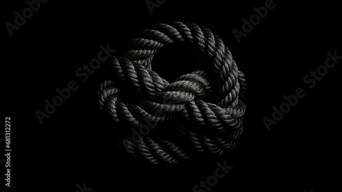 the gordian knot of rough rope is isolated on a black background