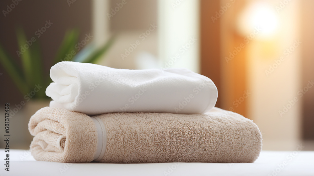 clean towels rolled up on the bed in a bright hotel room clean towels rolled up on the bed in a bright hotel room