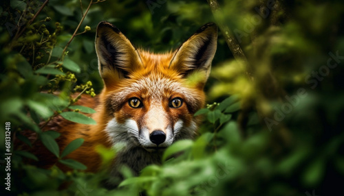 Fluffy red fox, alert and looking at camera in forest generated by AI