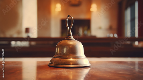 a bell to call the hotel staff at the reception desk a blurry view of the luxury hotel