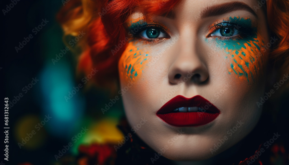 One beautiful redhead fashion model with vibrant blue lipstick generated by AI One beautiful redhead fashion model with vibrant blue lipstick generated by AI