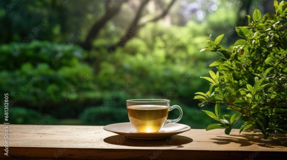 a cup of herbal tea placed on a table against a backdrop of soothing nature a cup of herbal tea placed on a table against a backdrop of soothing nature