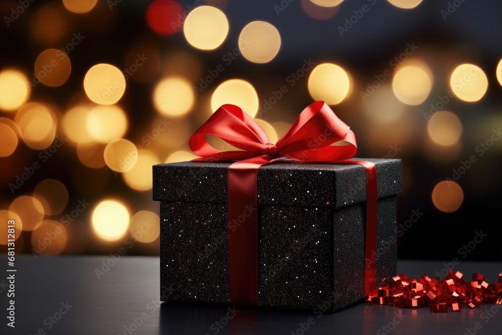 a glittering black gift box adorned with a vibrant red ribbon elegantly placed on a table a glittering black gift box adorned with a vibrant red ribbon elegantly placed on a table
