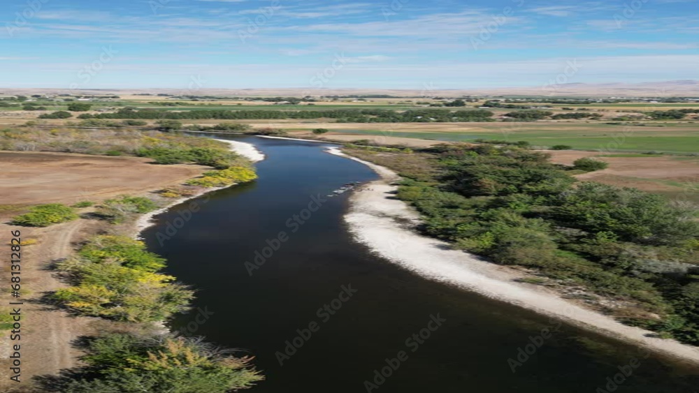 Vertical aerial of boaters on river in southern Idaho in summer Vertical aerial of boaters on river in southern Idaho in summer
