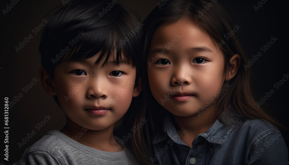 Happy siblings embrace in studio, love and joy abound generated by AI Happy siblings embrace in studio, love and joy abound generated by AI