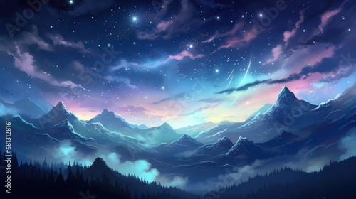 a magical illustration depicting a dreamy night sky adorned with shining stars, mounatins and forest