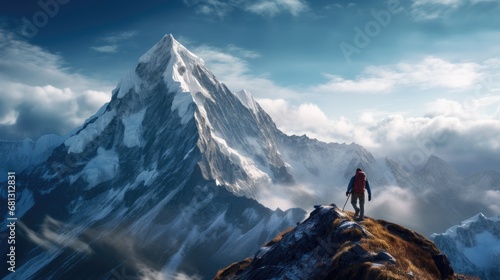 a person standing on mountain, a powerful and inspiring scene with a majestic mountain photo
