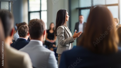 a moment of leadership of a businesswoman addressing in a office enviroment photo