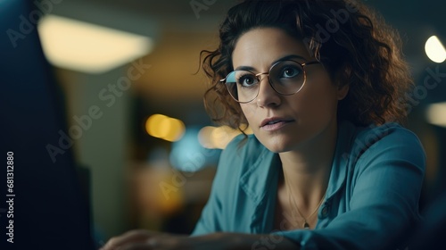 close-up portrait of a woman with a focused expression, wearing glasses working on a laptop in an office environment