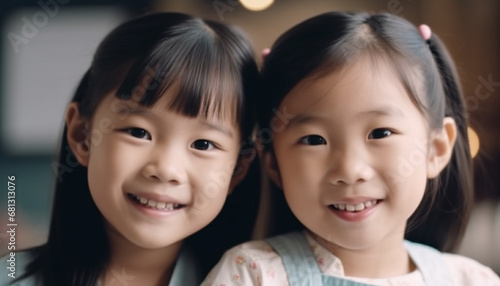 Cute Chinese and Japanese siblings smiling, bonding in domestic life generated by AI