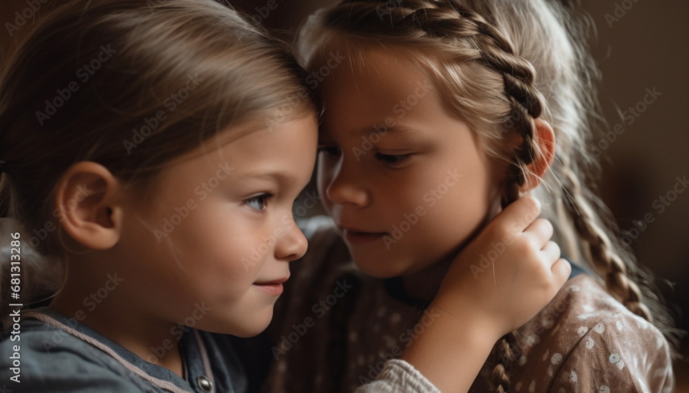 Obraz premium Sibling bonding, innocence, and joy in playful home embrace generated by AI
