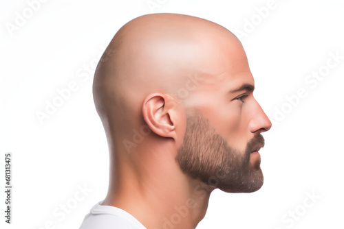 Side view of a bald man with a beard isolated on white photo