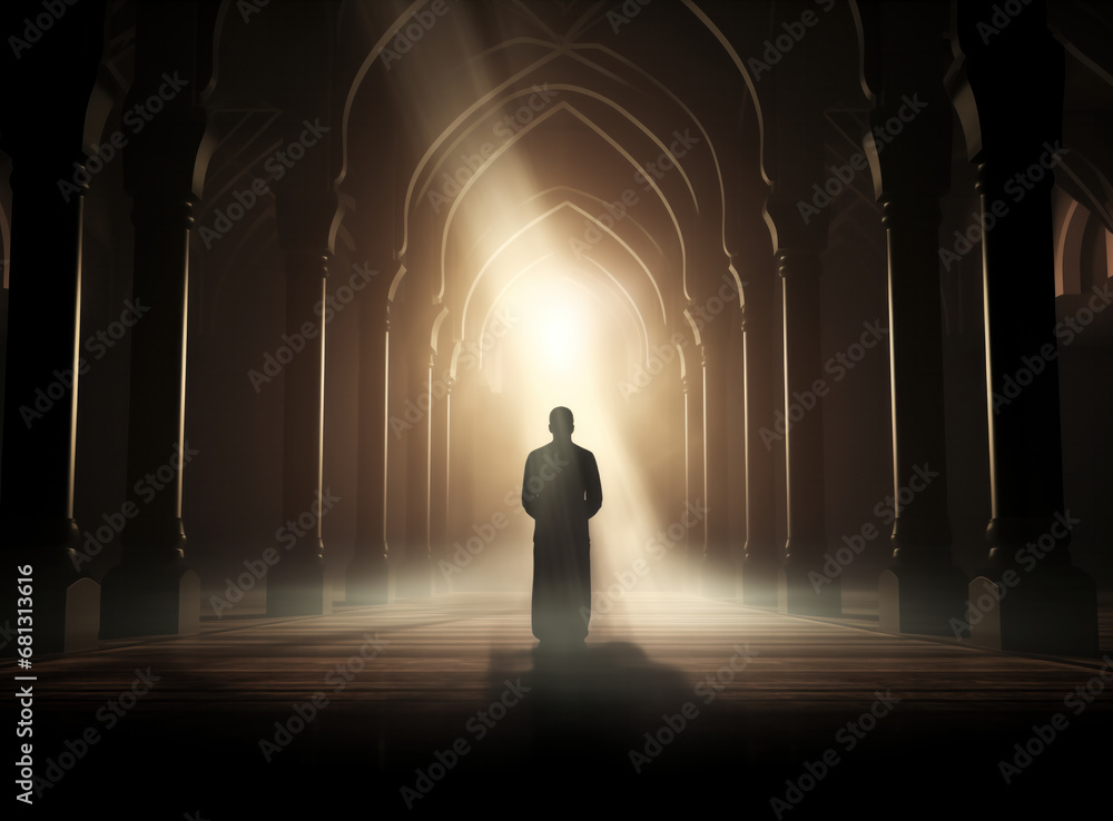 Silhouette of a Muslim man praying in the mosque