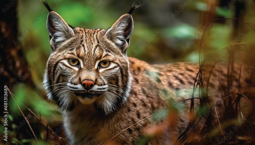 Fototapeta premium Majestic big cat staring, endangered species in wildlife reserve generated by AI