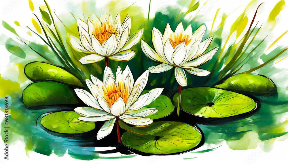 Water lilies in gouache with white background
