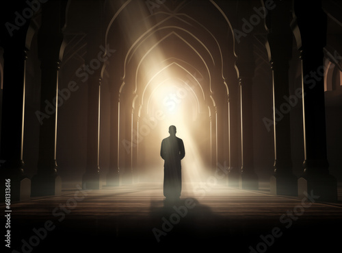 Silhouette of a Muslim man praying in the mosque photo