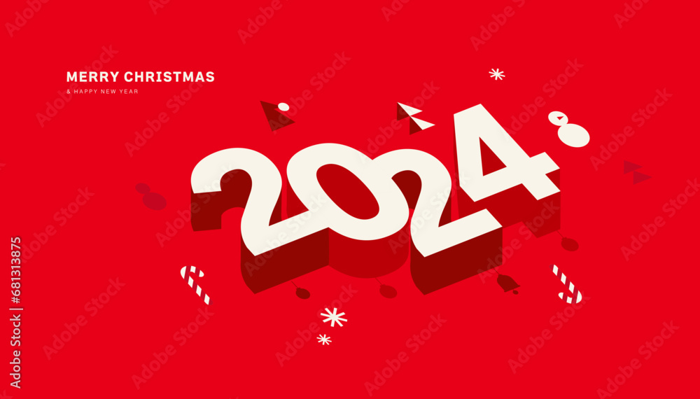 New Year's greeting, 2024 number with Christmas ornaments over red background banner template.
