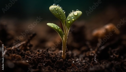 New life sprouts from wet soil, a fragile seedling grows generated by AI