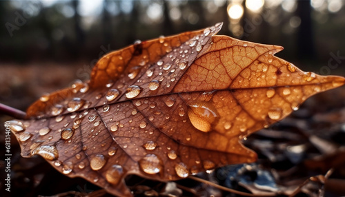 Vibrant autumn foliage reflects in dew drops on maple leaf generated by AI