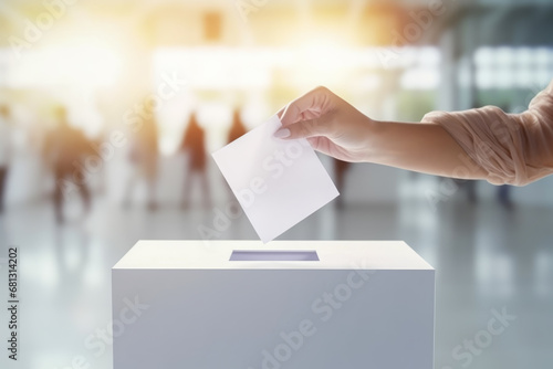 Close up hand of woman putting letter in white ballot box at modern hall in background of blurred people. Voting concept of politics and elections. photo