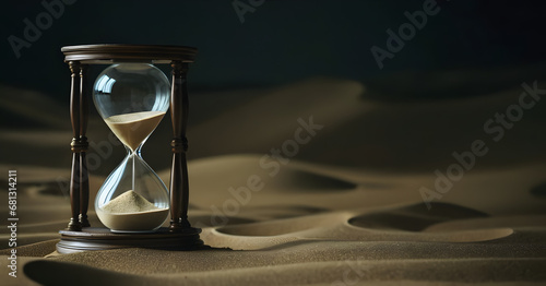 Timeless Concept of Hourglass on Arid Desert Sands with Twilight Sky, Symbolizing Urgency, Patience, and the Inevitable Passage of Time in a Tranquil Nature Setting