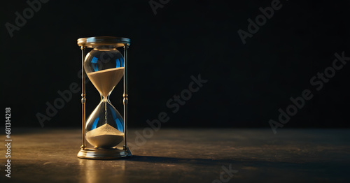 Timeless Concept of Hourglass on Arid Desert Sands with Twilight Sky, Symbolizing Urgency, Patience, and the Inevitable Passage of Time in a Tranquil Nature Setting