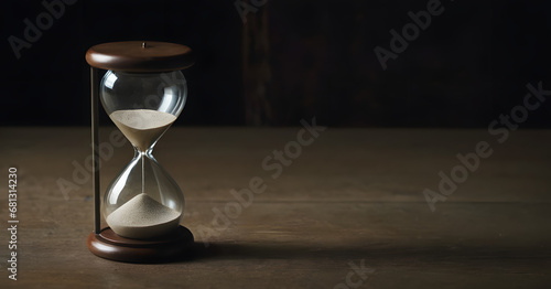 Timeless Concept of Hourglass on Arid Desert Sands with Twilight Sky, Symbolizing Urgency, Patience, and the Inevitable Passage of Time in a Tranquil Nature Setting