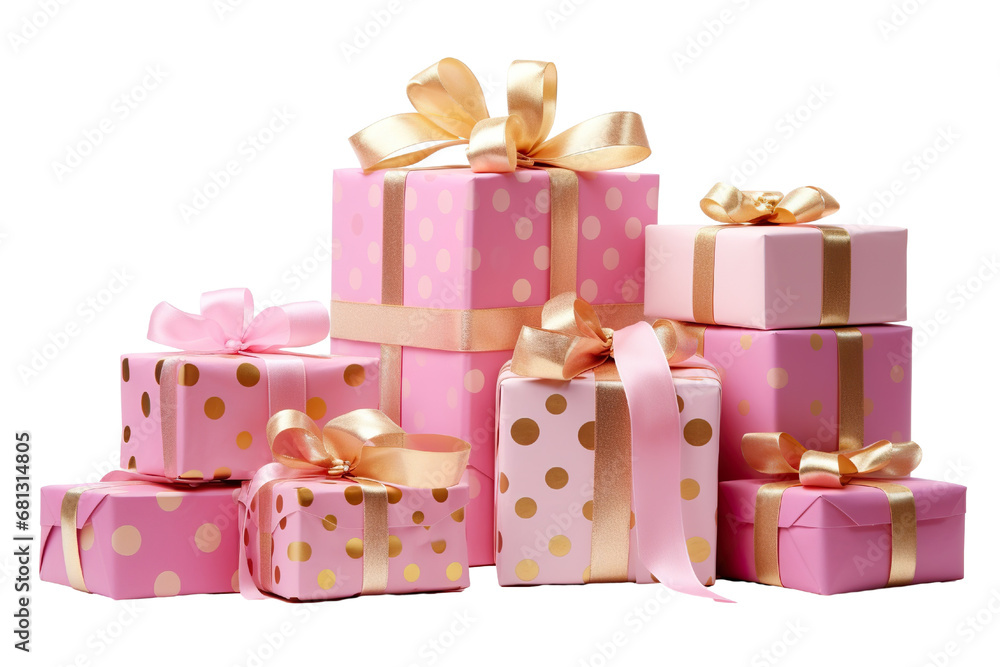 Obraz premium a group of christmas gifts piled, pois pink, Pink and gold isolated on white background PNG