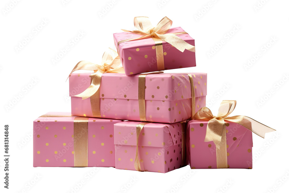 Obraz premium a group of christmas gifts piled, pois pink, Pink and gold isolated on white background PNG