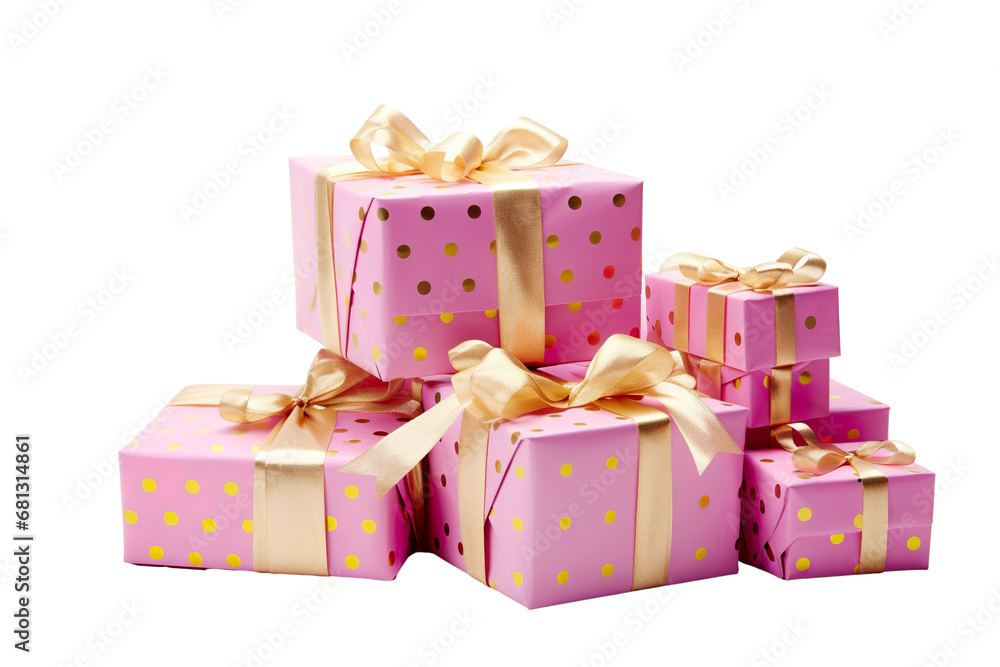 Obraz premium a group of christmas gifts piled, pois pink, Pink and gold isolated on white background PNG