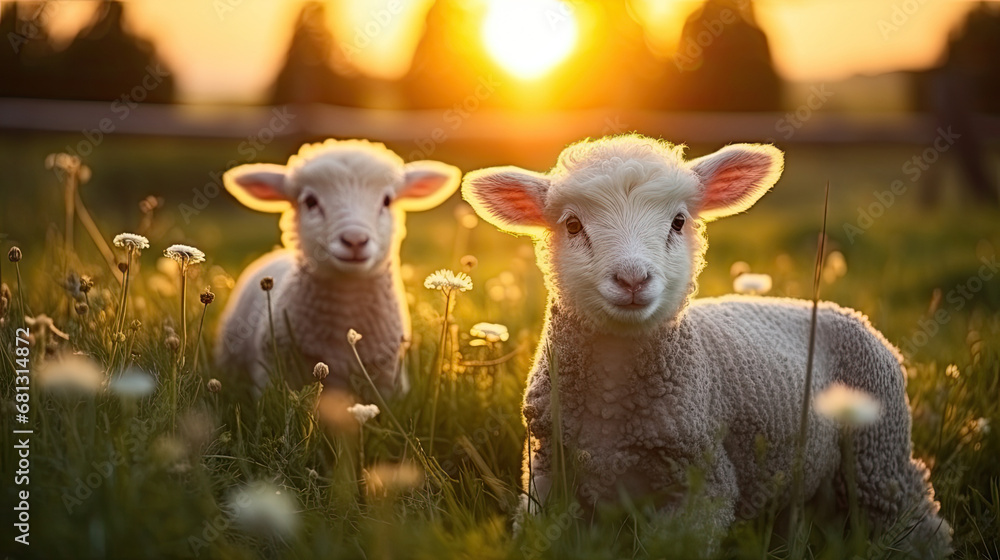 little lambs with sheep on fresh green meadow during sunrise Newborn lambs in flower field, summer landscape little lambs with sheep on fresh green meadow during sunrise Newborn lambs in flower field, summer landscape