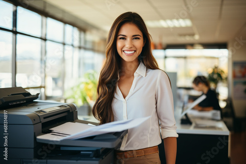 Office worker prints paper on multifunction laser printer. Document and paperwork concept. Secretary work. Smiling woman working in business office. Copy, print, scan, and fax machine. photo