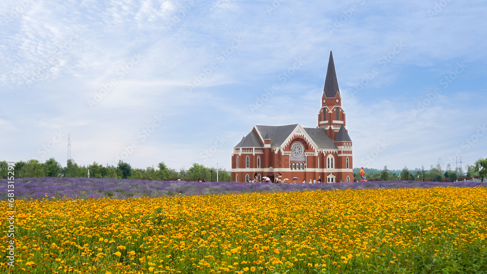 Gothic architecture and Gesang Sea of flowers, Chinese city park scenery.
