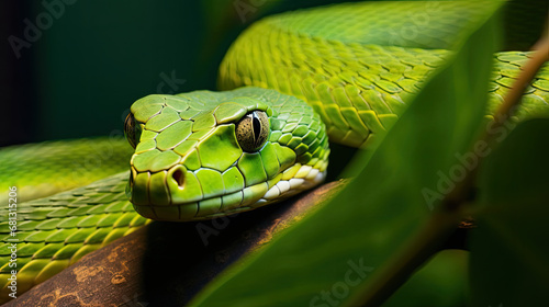 green snake on a branch, Close-up of green tree snake between leaves