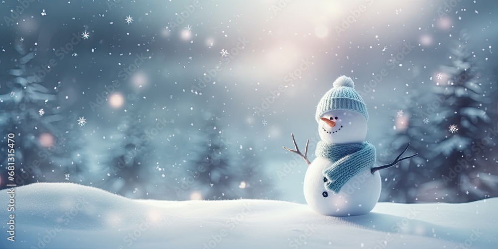 Obraz premium Cheerful snowfall delight. Winter happiness in frosty christmas landscape. Celebrating season with joyful winter scenes. Cute snowman in snowy landscape under blue sky