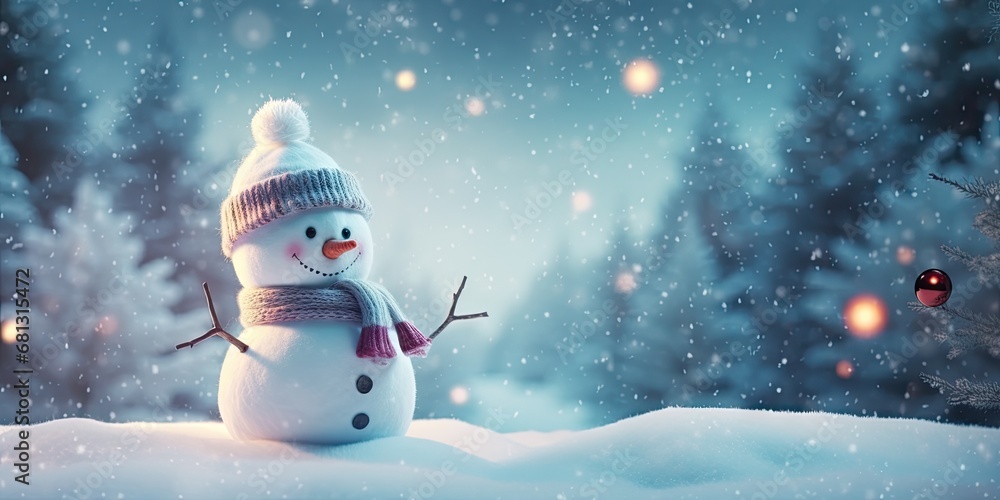 Cheerful snowfall delight. Winter happiness in frosty christmas landscape. Celebrating season with joyful winter scenes. Cute snowman in snowy landscape under blue sky
