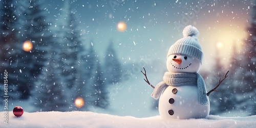 Cheerful snowfall delight. Winter happiness in frosty christmas landscape. Celebrating season with joyful winter scenes. Cute snowman in snowy landscape under blue sky © Wuttichai