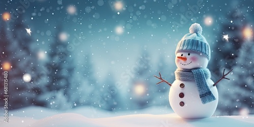Cheerful snowfall delight. Winter happiness in frosty christmas landscape. Celebrating season with joyful winter scenes. Cute snowman in snowy landscape under blue sky © Wuttichai