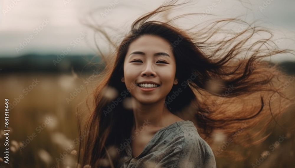 Young woman with long brown hair smiling in nature beauty generated by AI Young woman with long brown hair smiling in nature beauty generated by AI