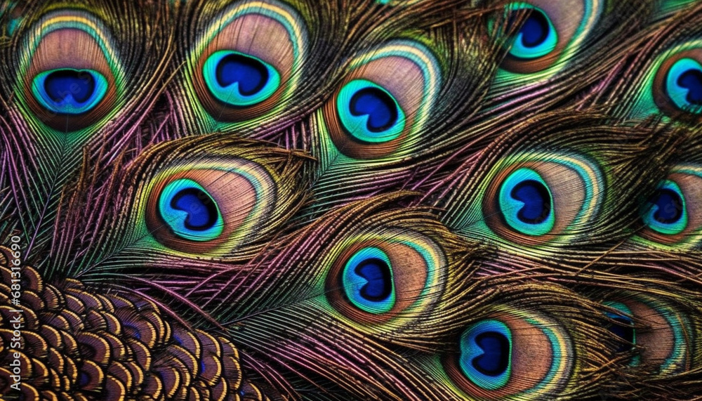 Obraz premium Vibrant peacock feather showcases beauty in nature ornate elegance generated by AI