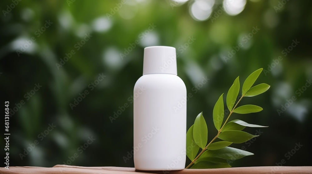 Mockup of cosmetic packaging. Spray bottle with Cosmetic at green nature background. Minimalist and authentic style. Mockup of cosmetic packaging. Spray bottle with Cosmetic at green nature background. Minimalist and authentic style.