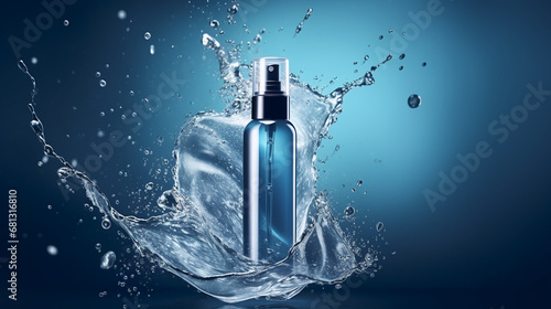 Spray glass bottle with Cosmetic on blue water with splash effect, minimalist and authentic style