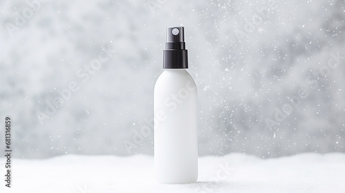 Cosmetic white skin cooling effect on white snow background. Mockup of cosmetic packaging.
