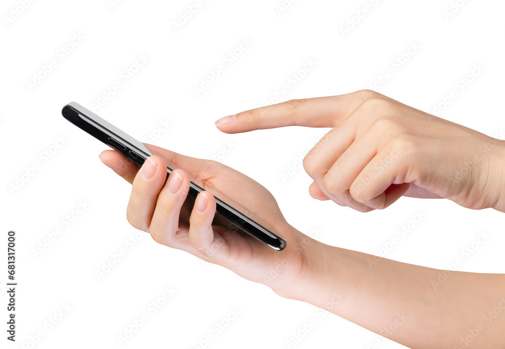 Fototapeta premium Hand holding the black smartphone on isolated background.