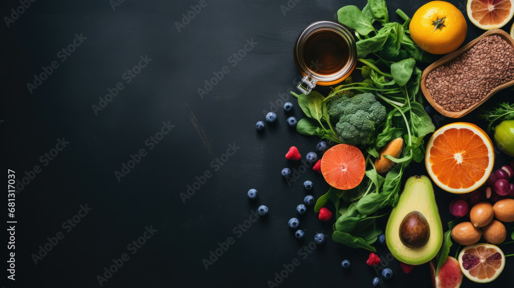 fitness and a healthy food lifestyle is depicted in a flatlay image with dumbbells, a diet lunch  on dark baackground, top view, flat layout - obrazy, fototapety, plakaty 