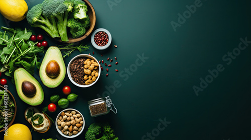 fitness and a healthy food lifestyle is depicted in a flatlay image with dumbbells, a diet lunch  on dark baackground, top view, flat layout photo