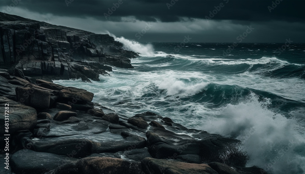 Rough stone coastline, crashing waves, dramatic sky at dusk generated by AI Rough stone coastline, crashing waves, dramatic sky at dusk generated by AI