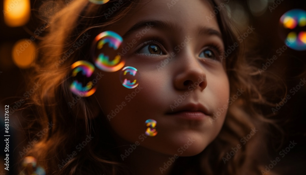 Naklejka premium Carefree girl blowing bubbles, enjoying playful summer fun outdoors generated by AI