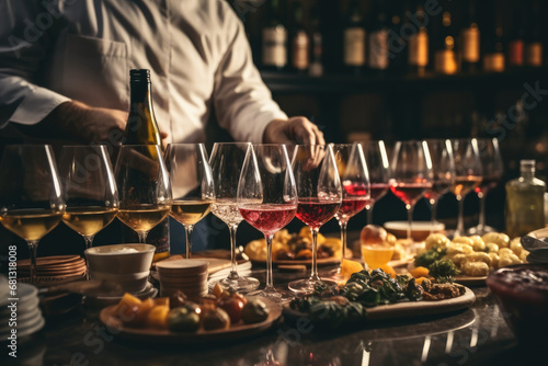 Wine expert pouring wine into glasses in a room full of food plate.